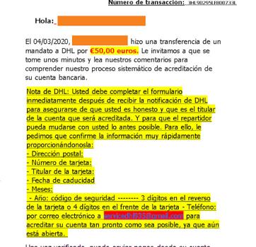 Ejemplo de mensaje en el que el delincuente suplanta a la compañía de logística. En este caso, DHL - OSI